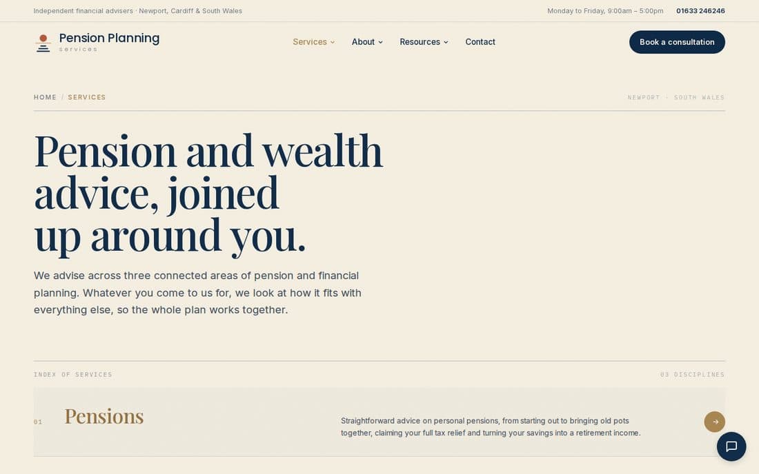 An inner page of the Pension Planning Services website