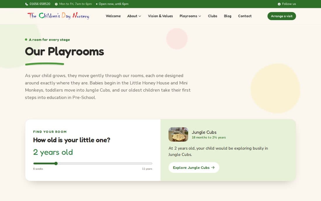 An inner page of the The Children's Day Nursery website
