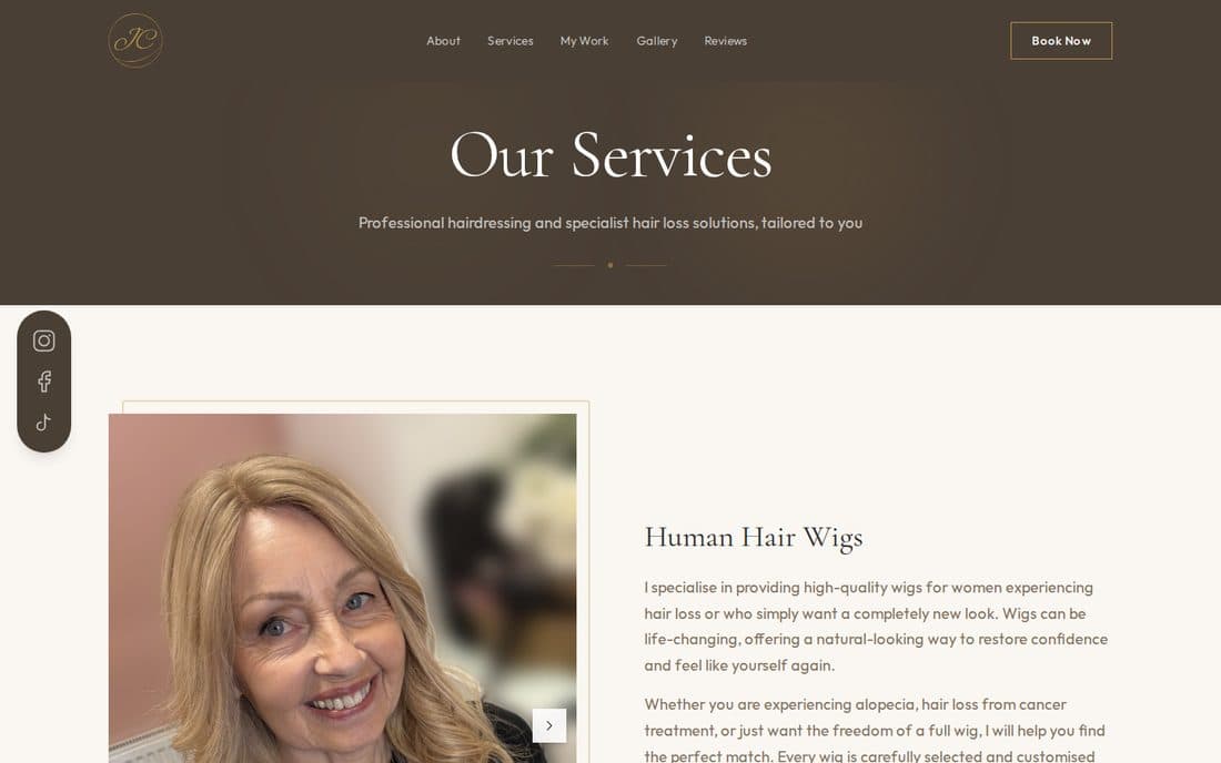 An inner page of the JC Hair Solutions website